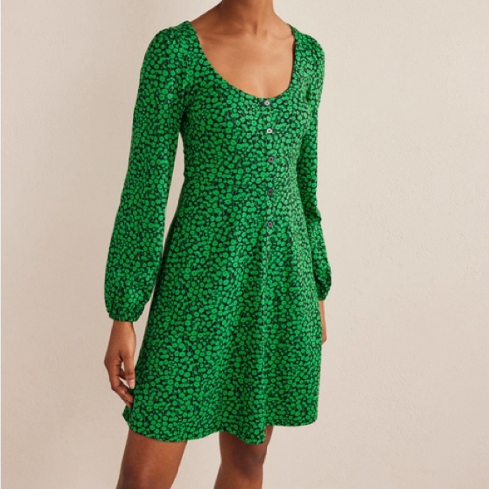 Boden Button Front Jersey Mini Floral Dress Green Bee Tulip Sprig Size 4R